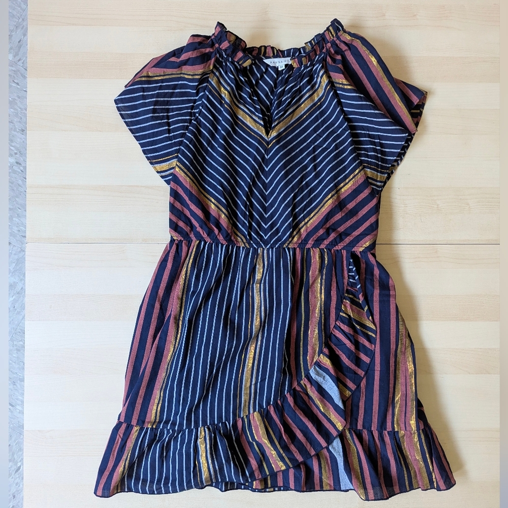 Anthropologie Ranna Gill Sibyl Shimmer Faux‎ Wrap Mini Dress Blue Gold Pink